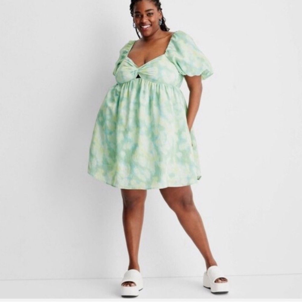 Future Collective Women Babydoll Watercolor Satin Mint Puff Sleeve Mini Dress 1X